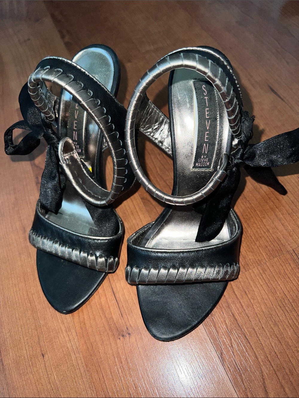 Steven By Steve Madden Black and Silver Ankle-Tie High Heel Sandals